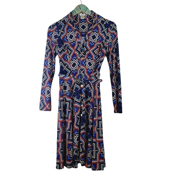 Vintage Cache Full Print Geometrical Belted Full Snap Front Dress XS - Picture 1 of 11